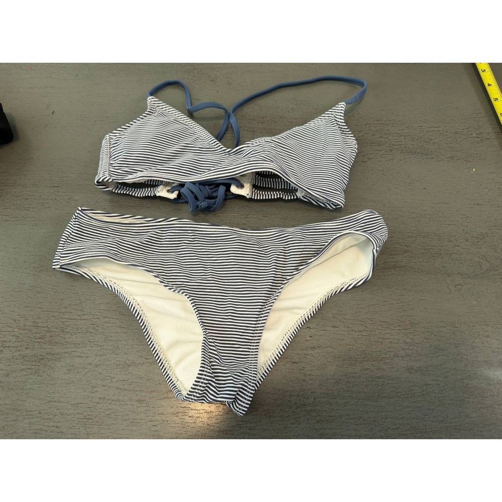 Xhilaration Striped Bikini Set Navy White Lace Up Back Ruched Bottom Small